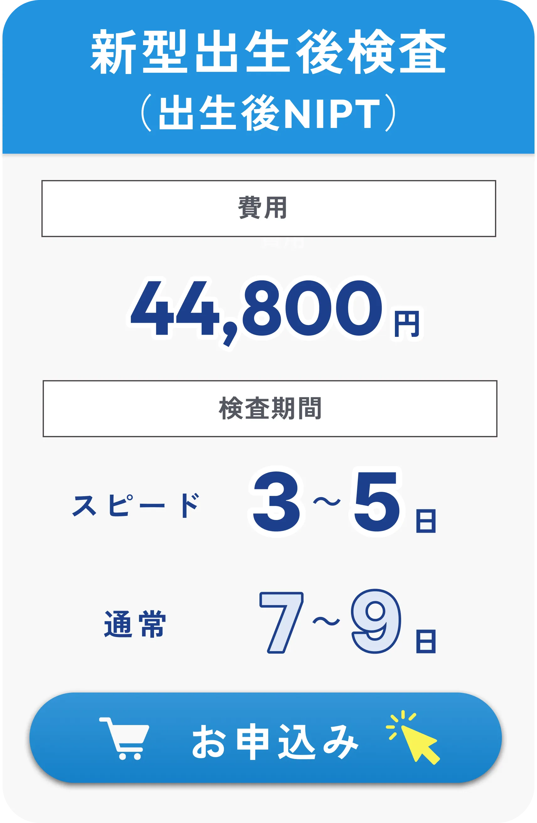 新型出生後検査（出生後NIPT）の費用：44,800円、検査期間：スピード3〜5日、通常7〜9日