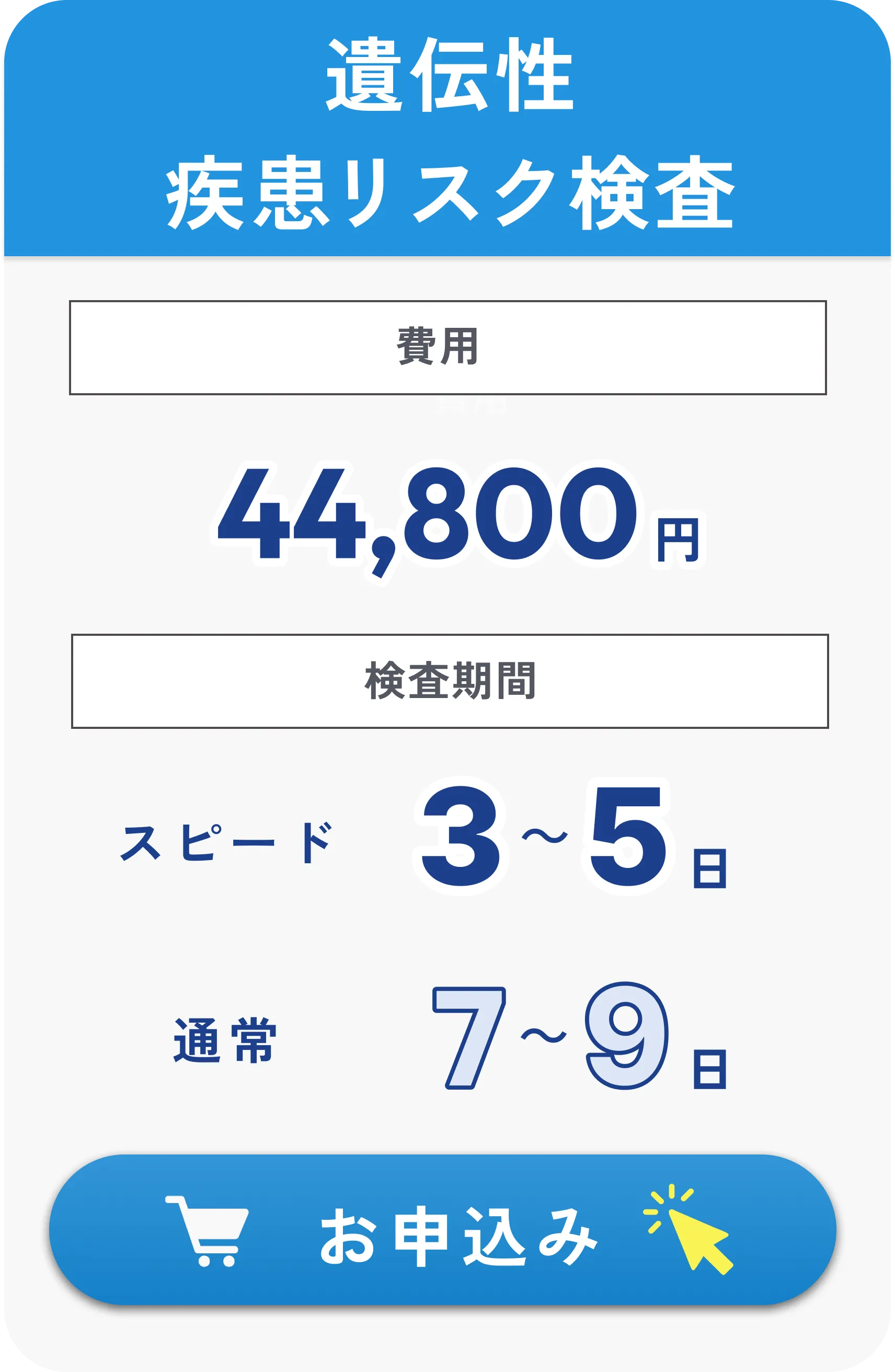 遺伝性疾患リスク検査の費用：44,800円、検査期間：スピード3〜5日、通常7〜9日