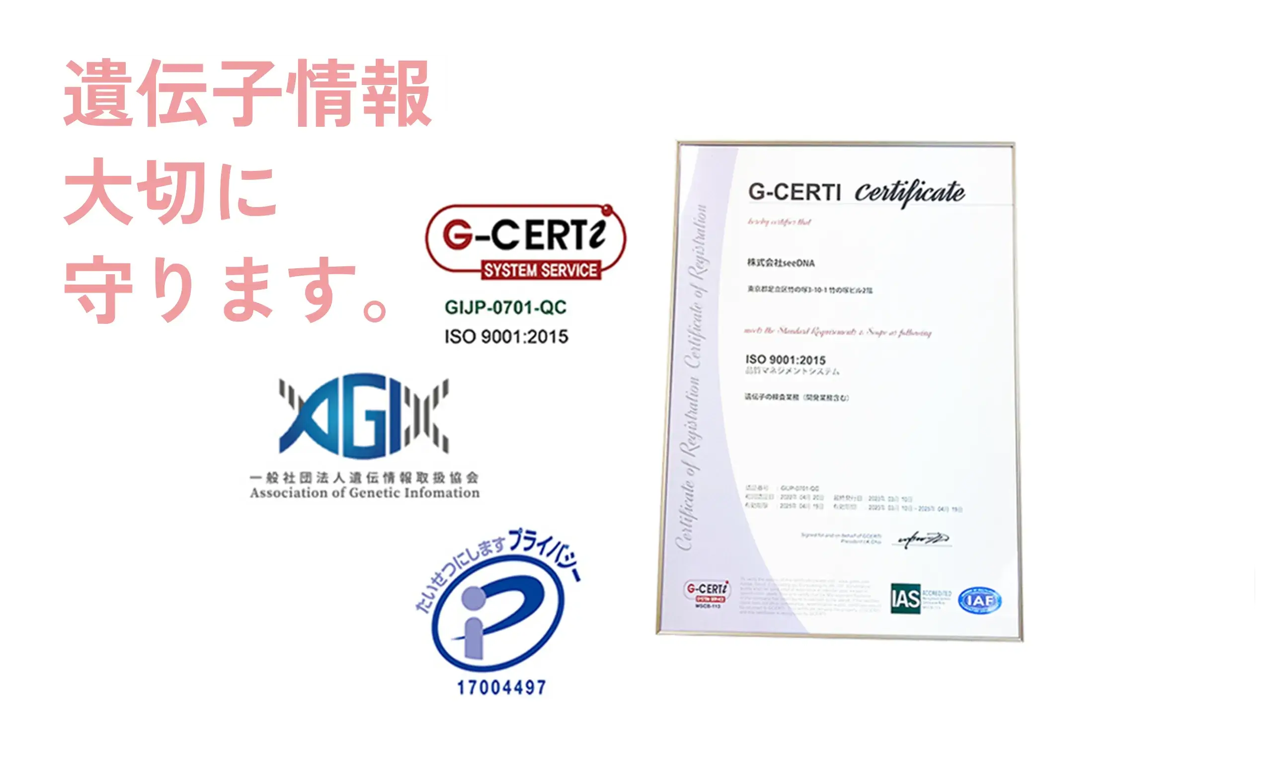 seeDNA遺伝医療研究所は品質保証の国際規格ISO9001、お客様の情報を守るPマーク認定のDNA検査機関