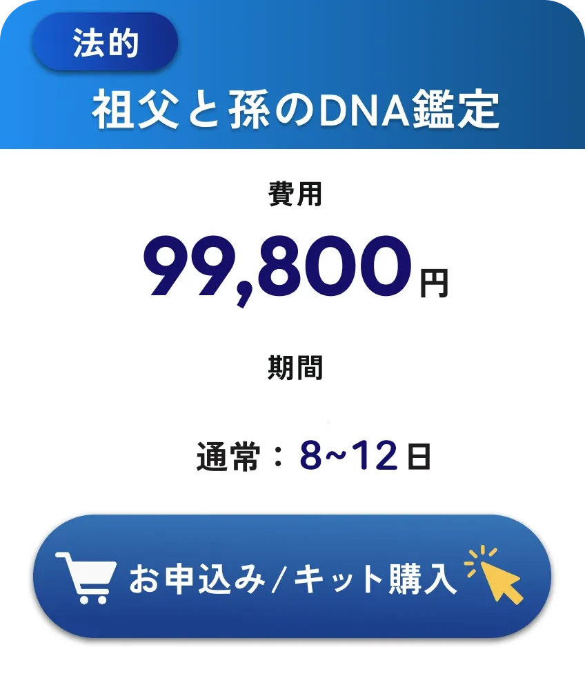 法的・祖父と孫のDNA鑑定・99,800円・検査期間3～5日（通常7～9日）税込・往復送料込