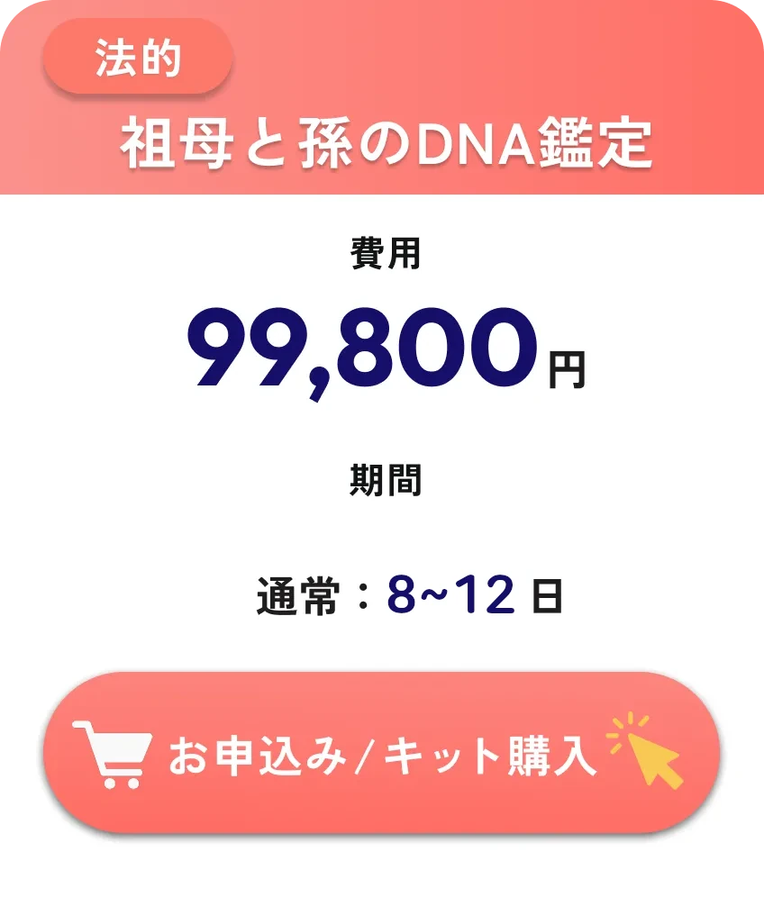 法的・祖母と孫のDNA鑑定・99,800円・検査期間3～5日（通常7～9日）税込・往復送料込