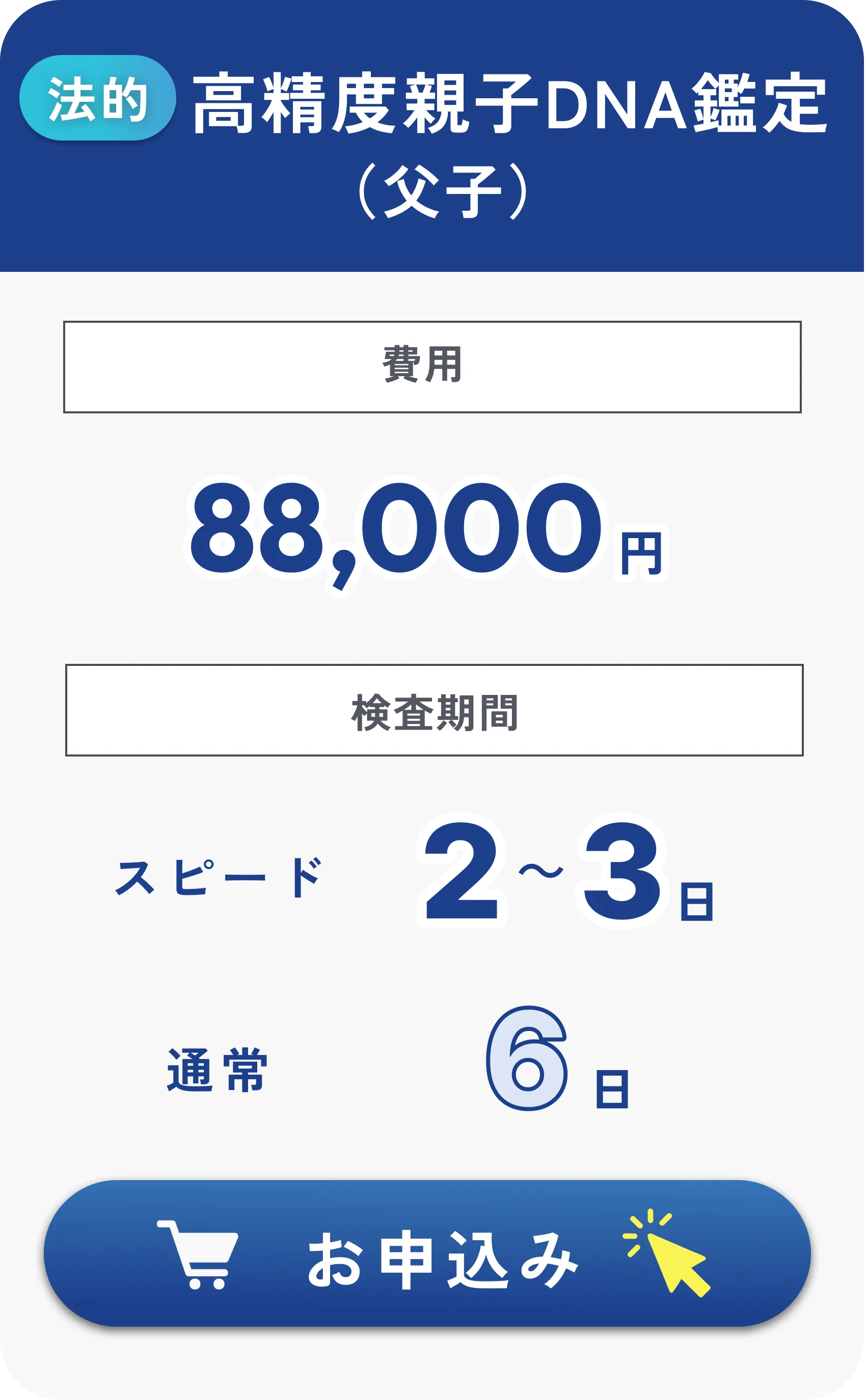法的 高精度親子DNA鑑定（父子）88,000円・検査期間2～3日（通常6日）税込・往復送料込