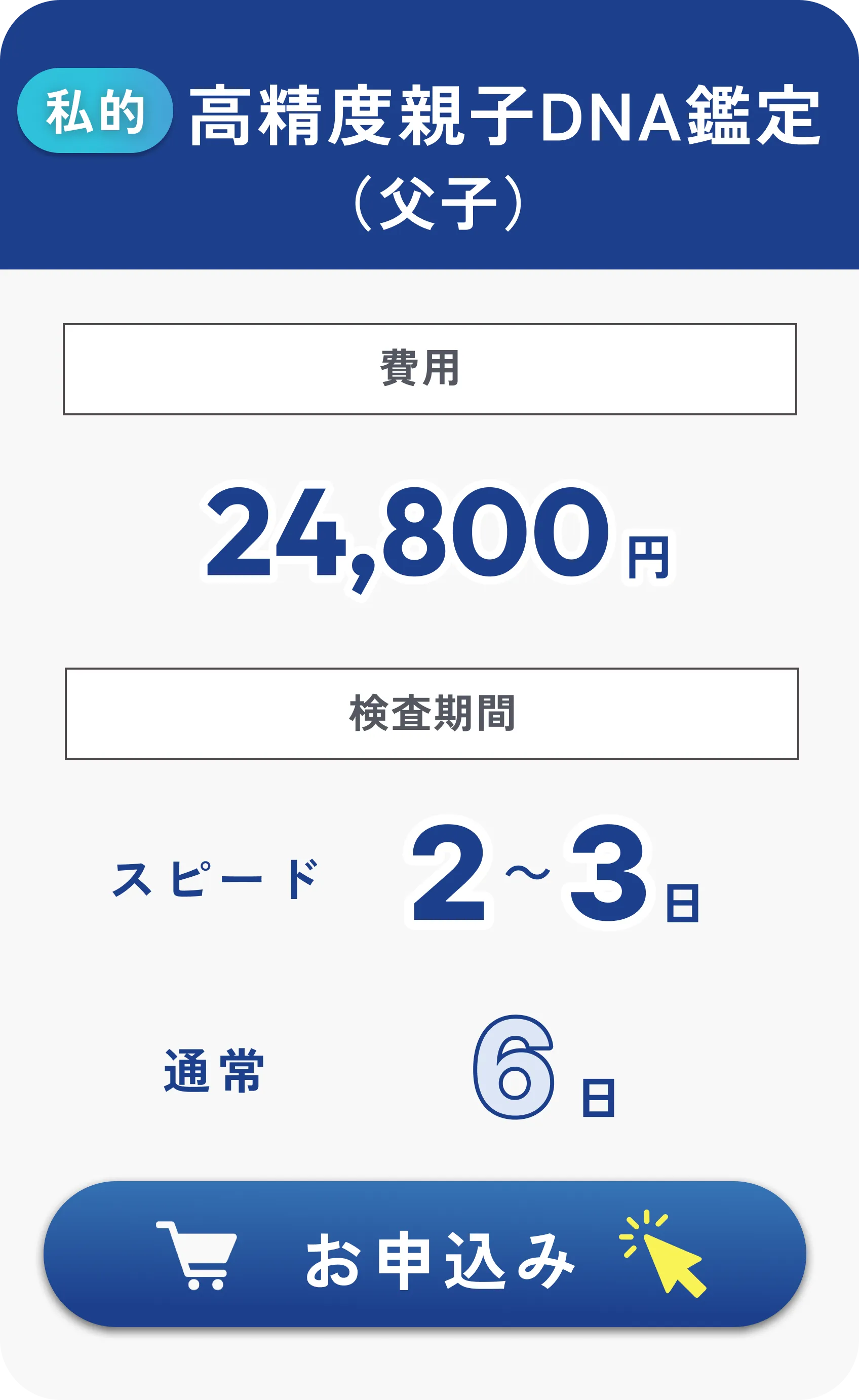 高精度親子DNA鑑定（父子）24,800円・検査期間2～3日（通常6日）税込・往復送料込