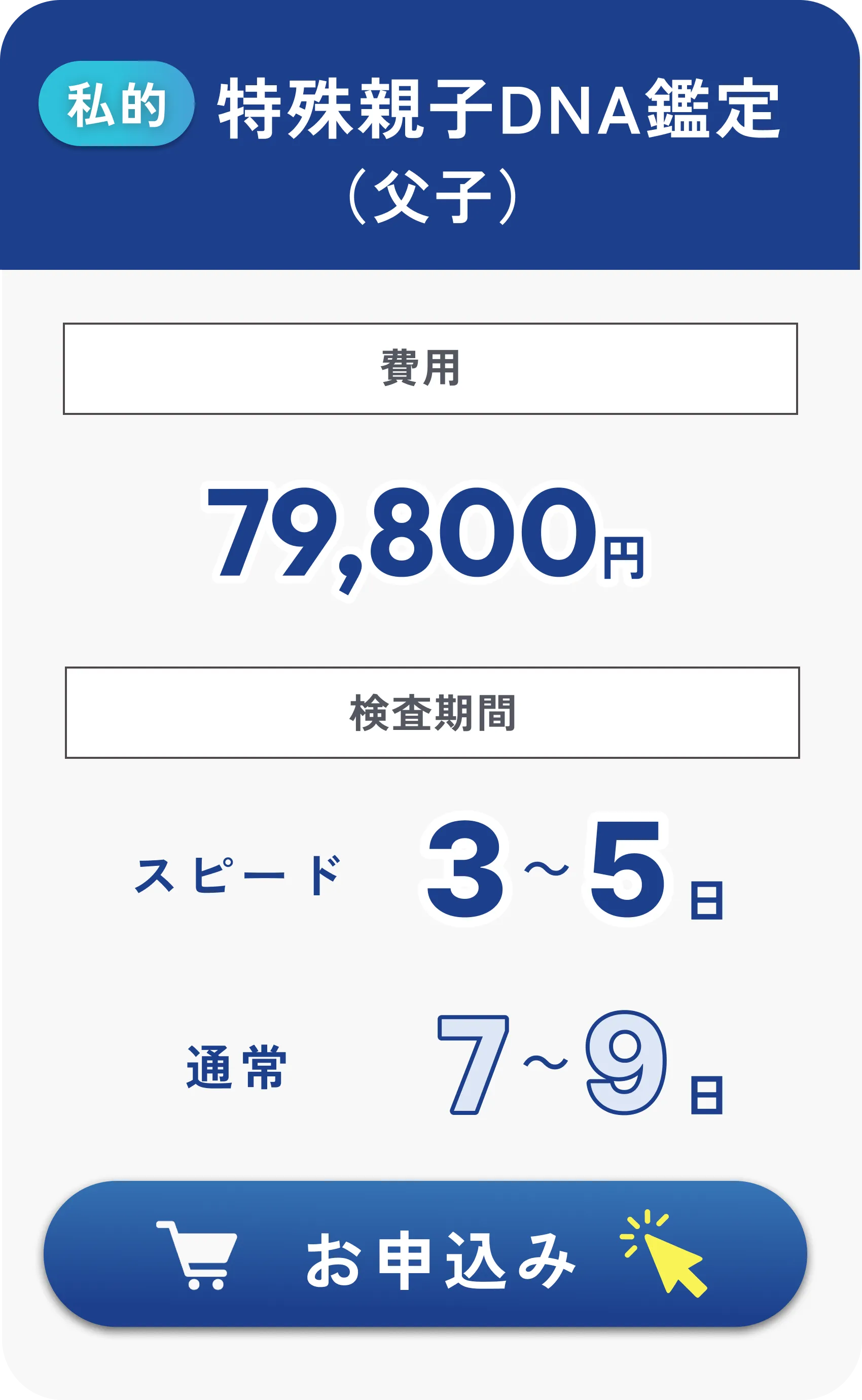 特殊親子DNA鑑定（父子）79,800円・検査期間3～5日（通常7～9日）税込・往復送料込