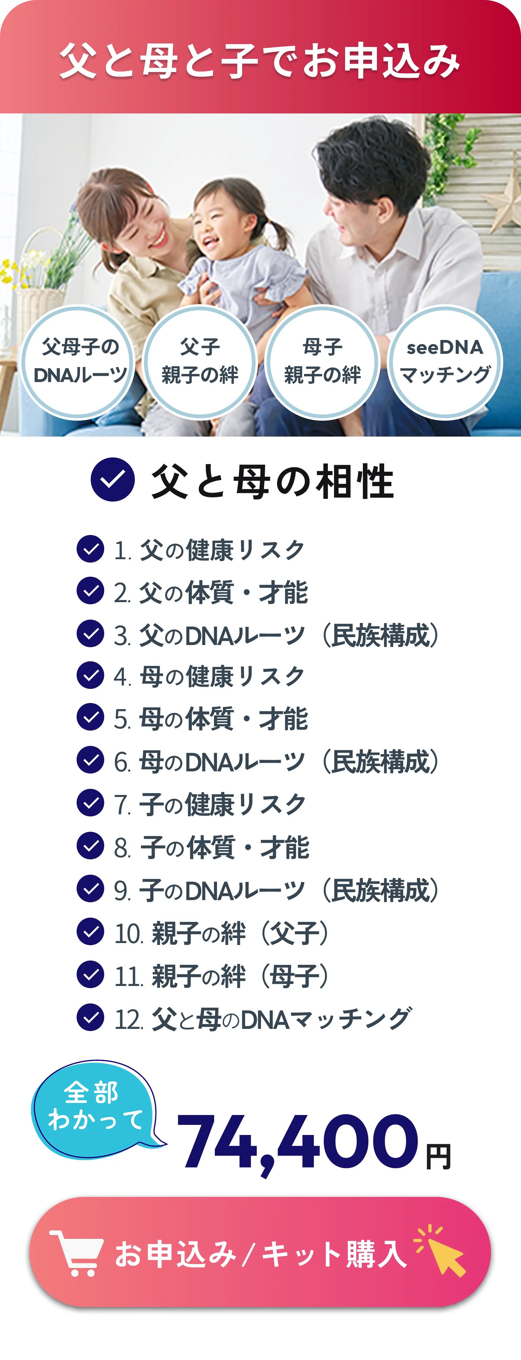 父・母・子でお申込み：家族3人の健康リスク・体質・ルーツ、親子の絆、父母の相性（計12項目）全部わかって74,400円